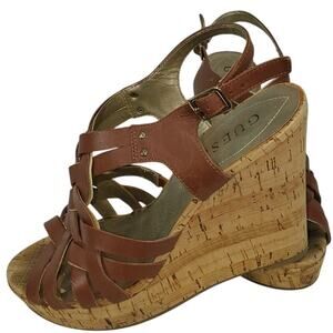 Guess Brown Leather Cork Wedge Sandals Strappy Platform Heels Size 7M